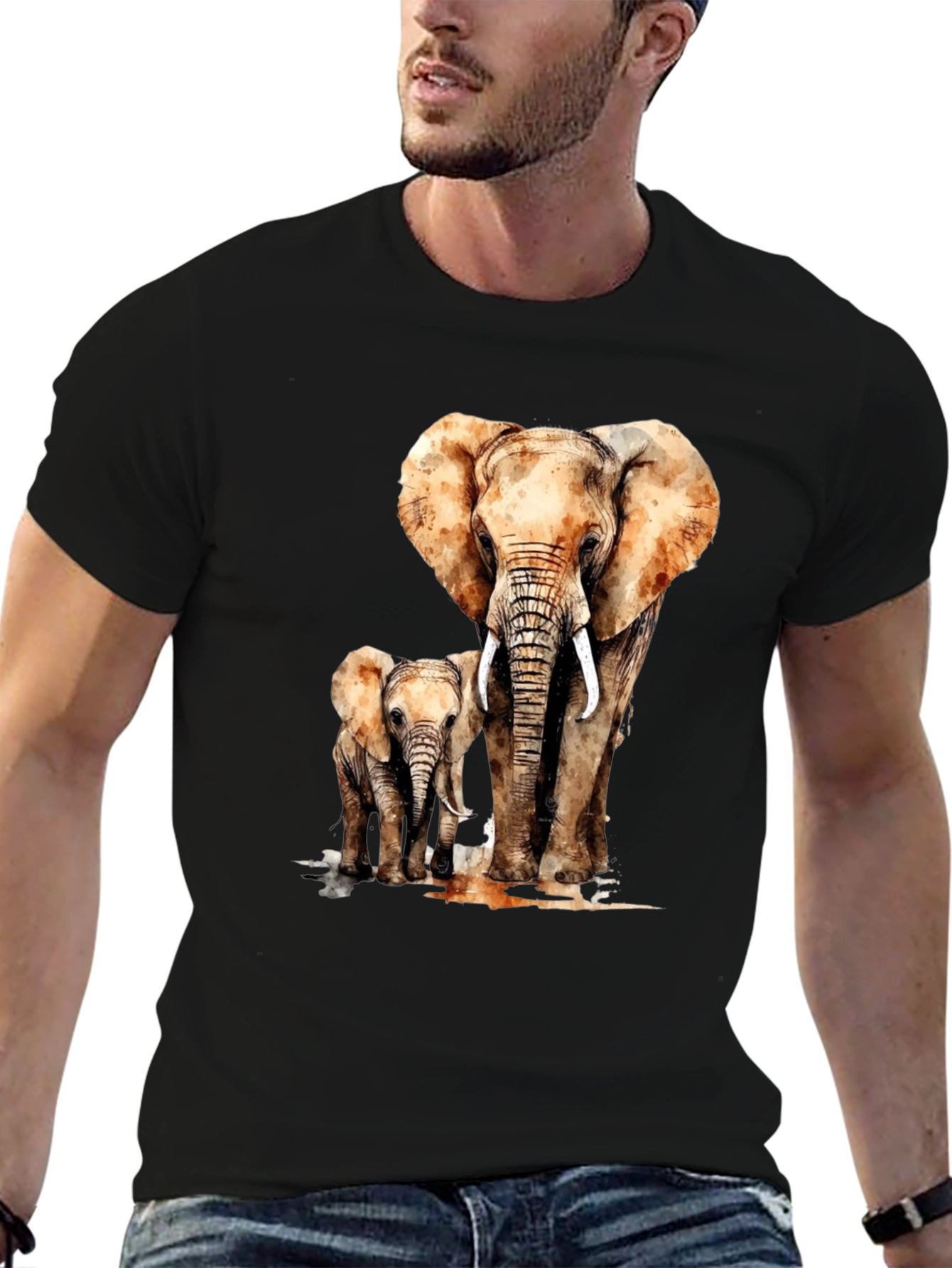 Camiseta Negra con Estampado de Elefante y Elefantito
