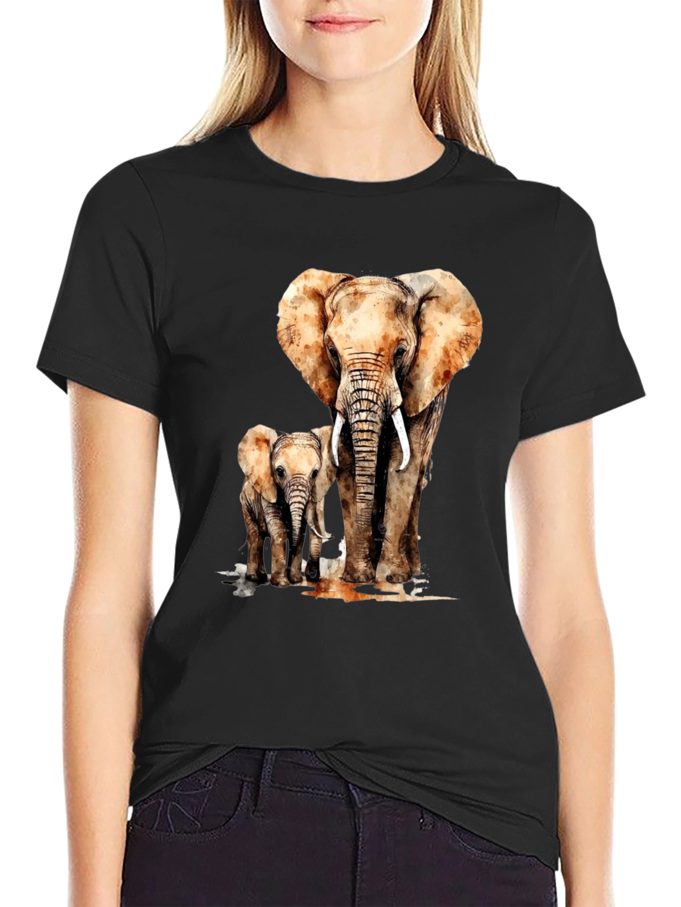 Camiseta Negra con Estampado de Elefante y Elefantito