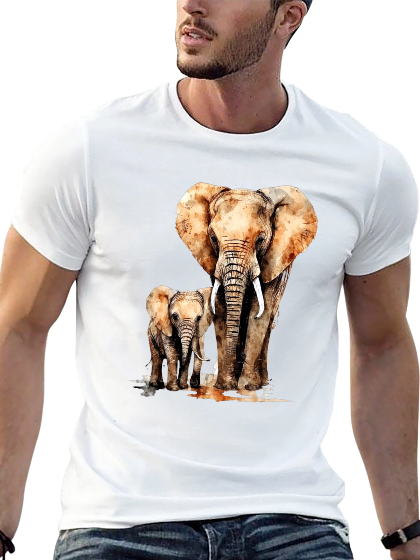 Camiseta Negra con Estampado de Elefante y Elefantito