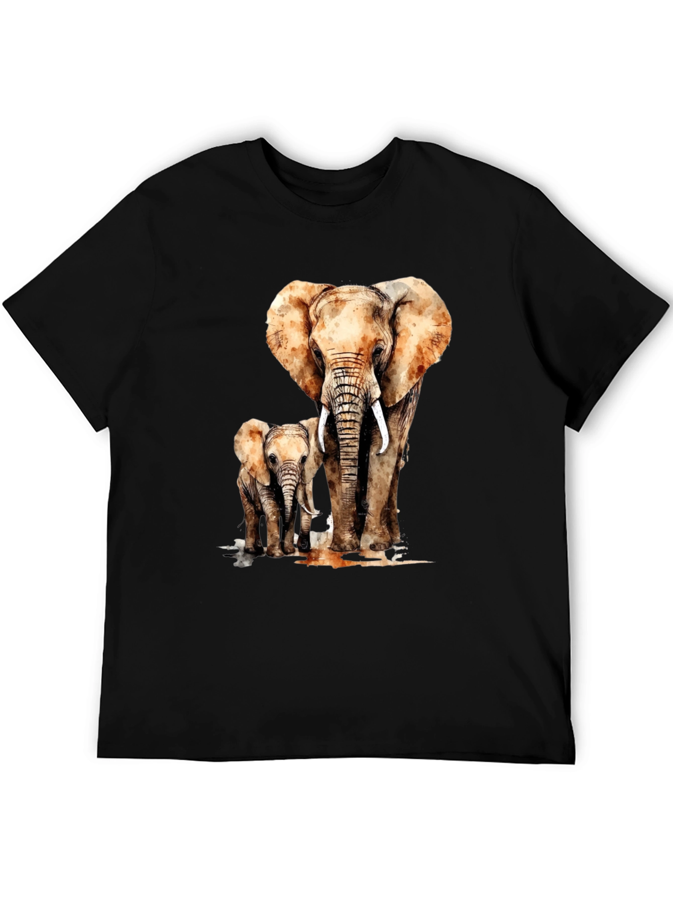 Camiseta Negra con Estampado de Elefante y Elefantito
