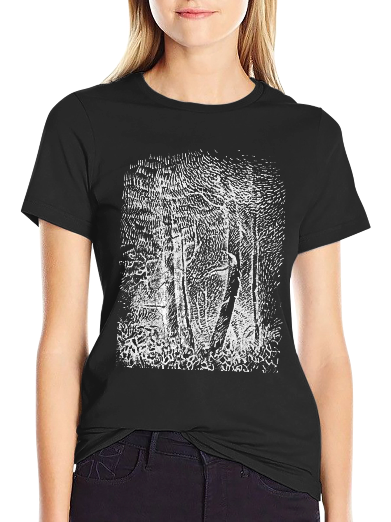 Camiseta Negra con Diseño Bosque Abstracto