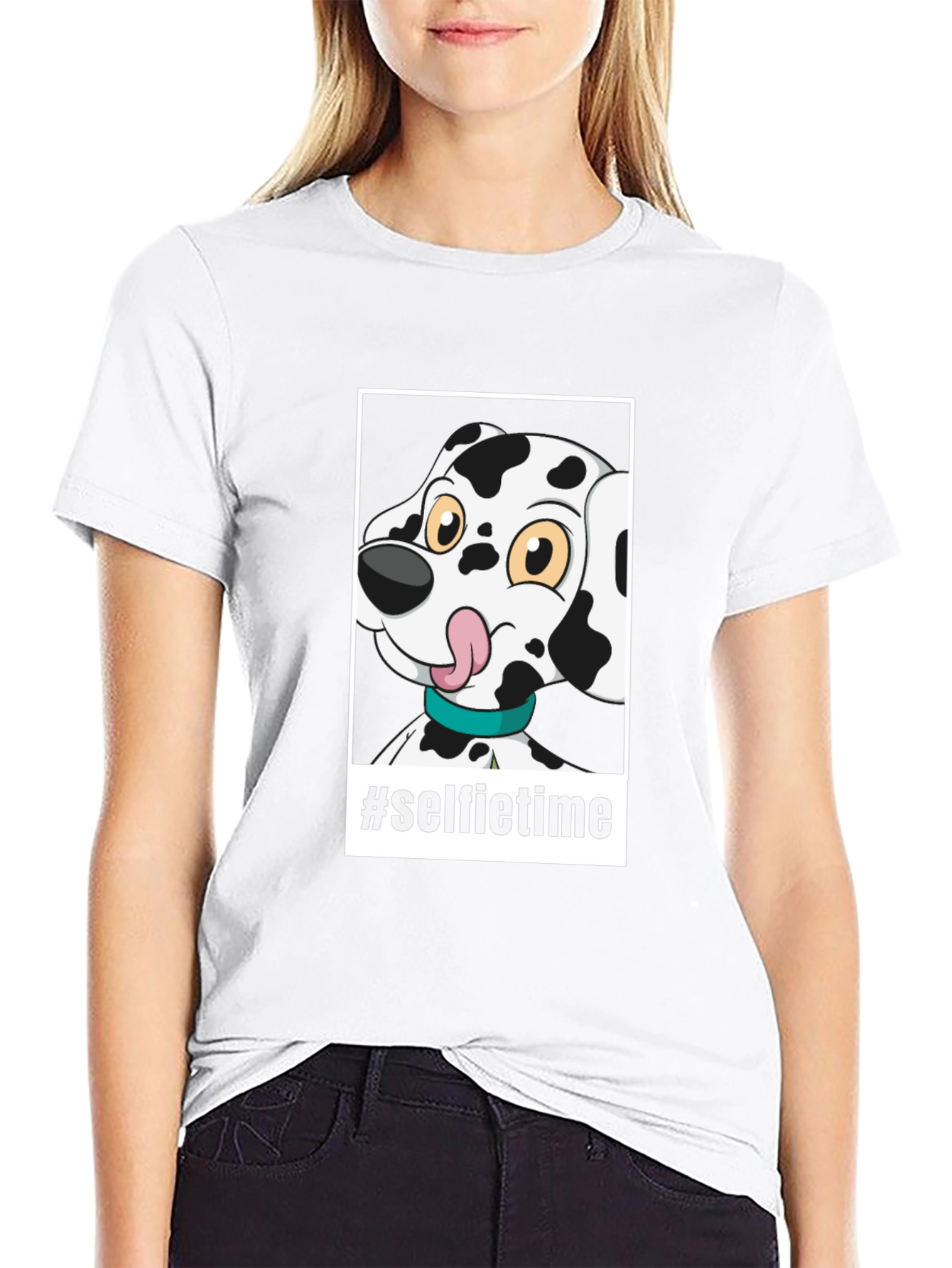 Camiseta Negra con Diseño de Dalmatian Selfie Time