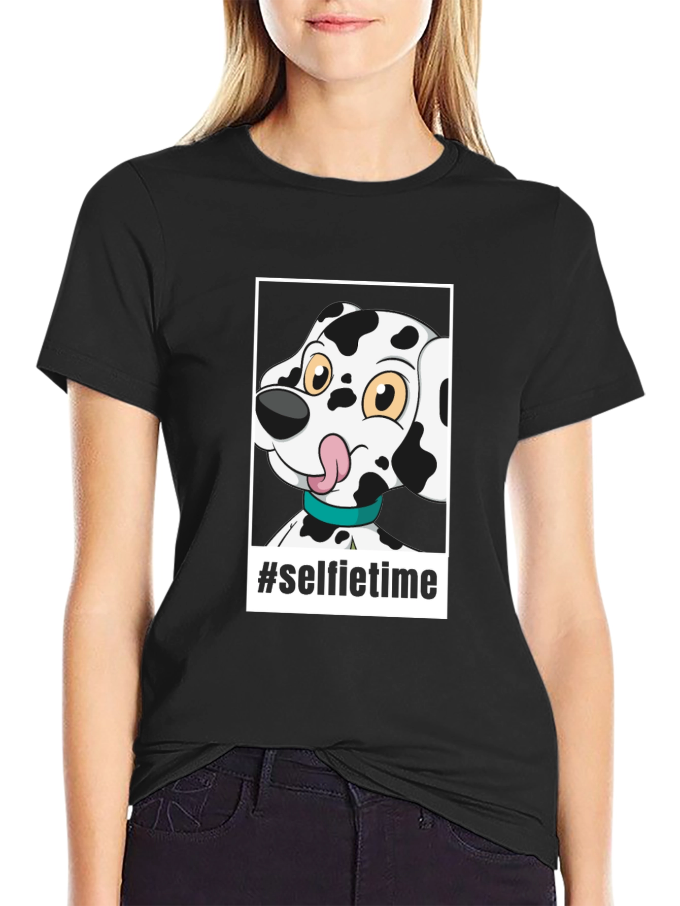 Camiseta Negra con Diseño de Dalmatian Selfie Time
