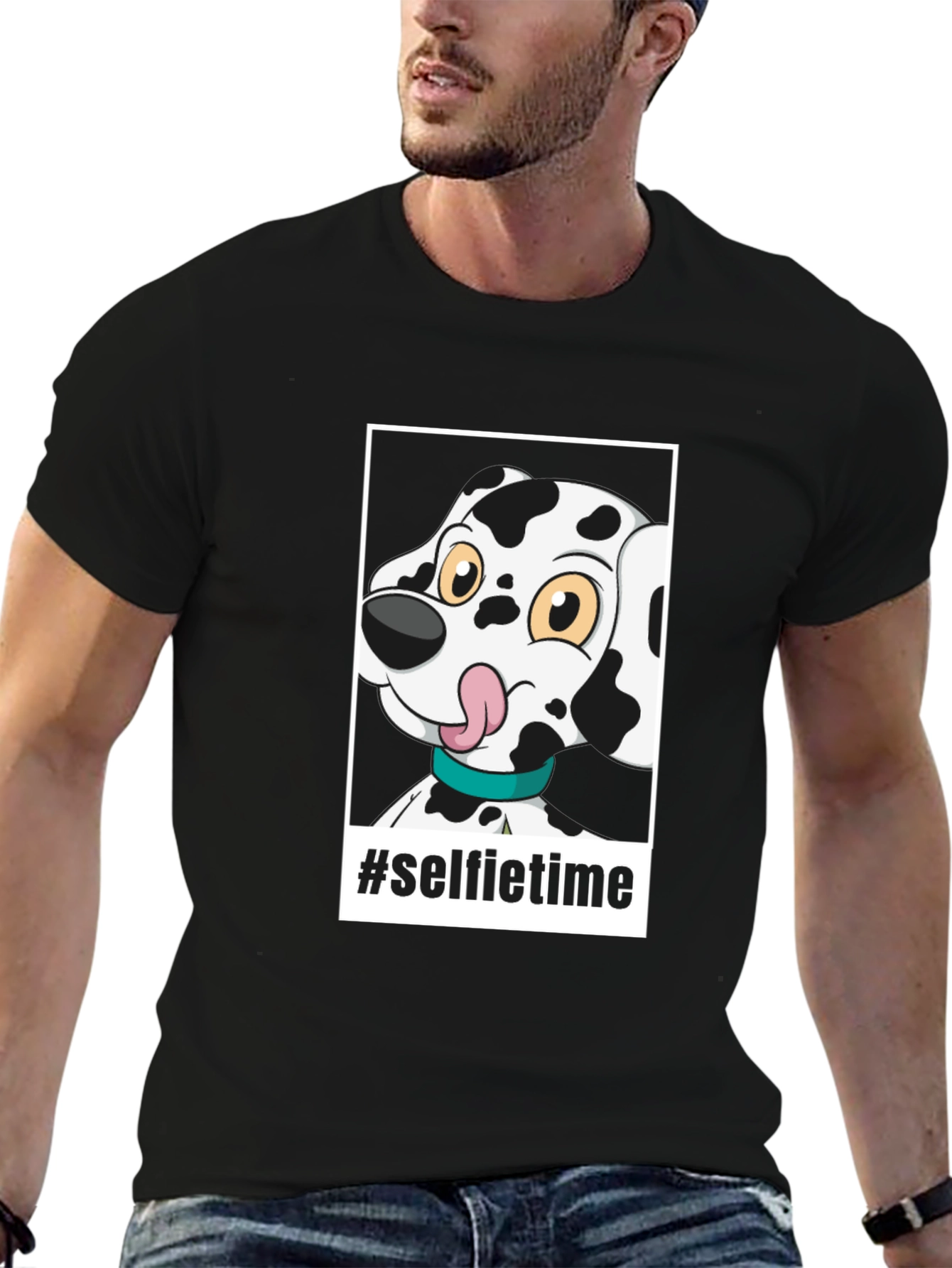 Camiseta Negra con Diseño de Dalmatian Selfie Time