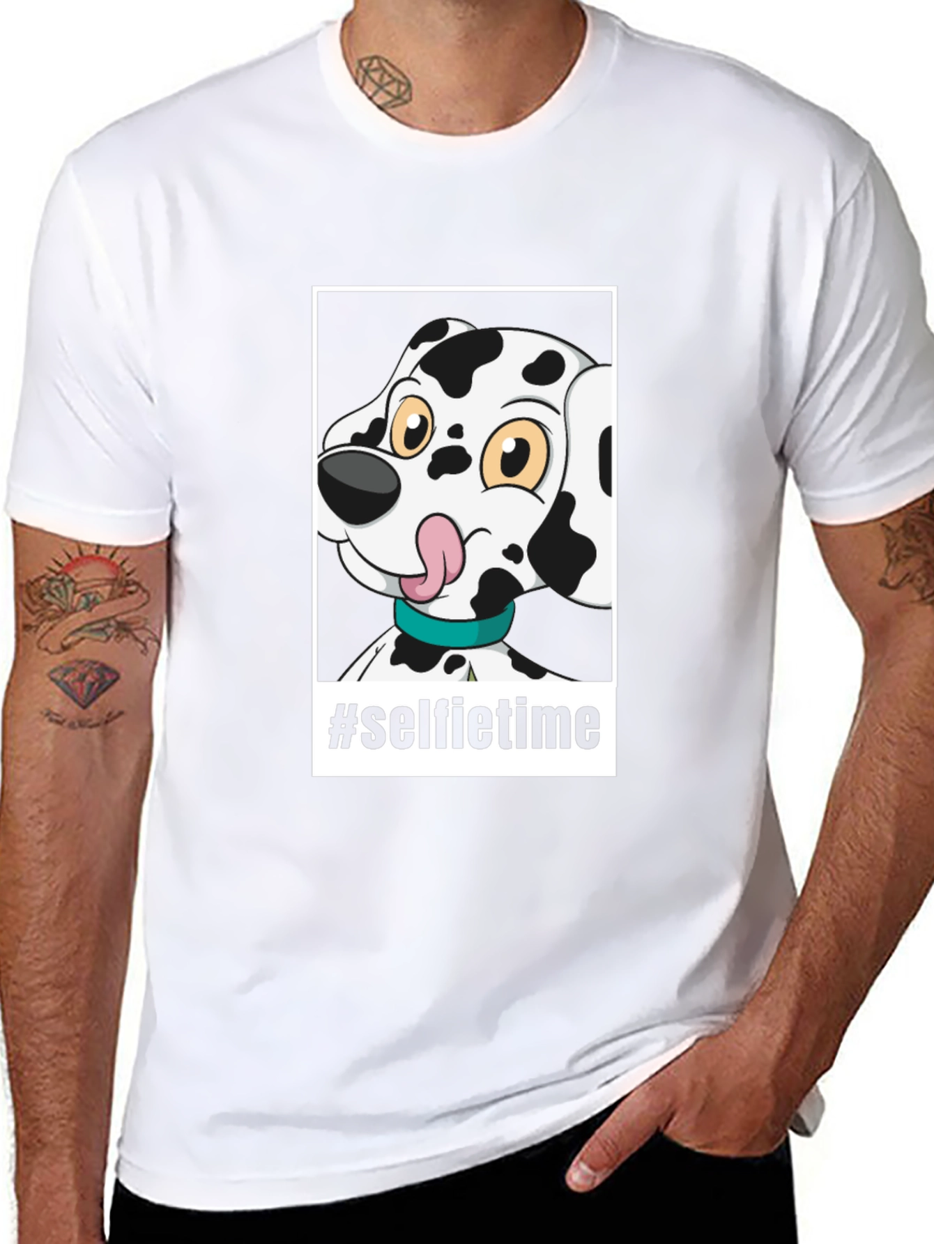 Camiseta Negra con Diseño de Dalmatian Selfie Time