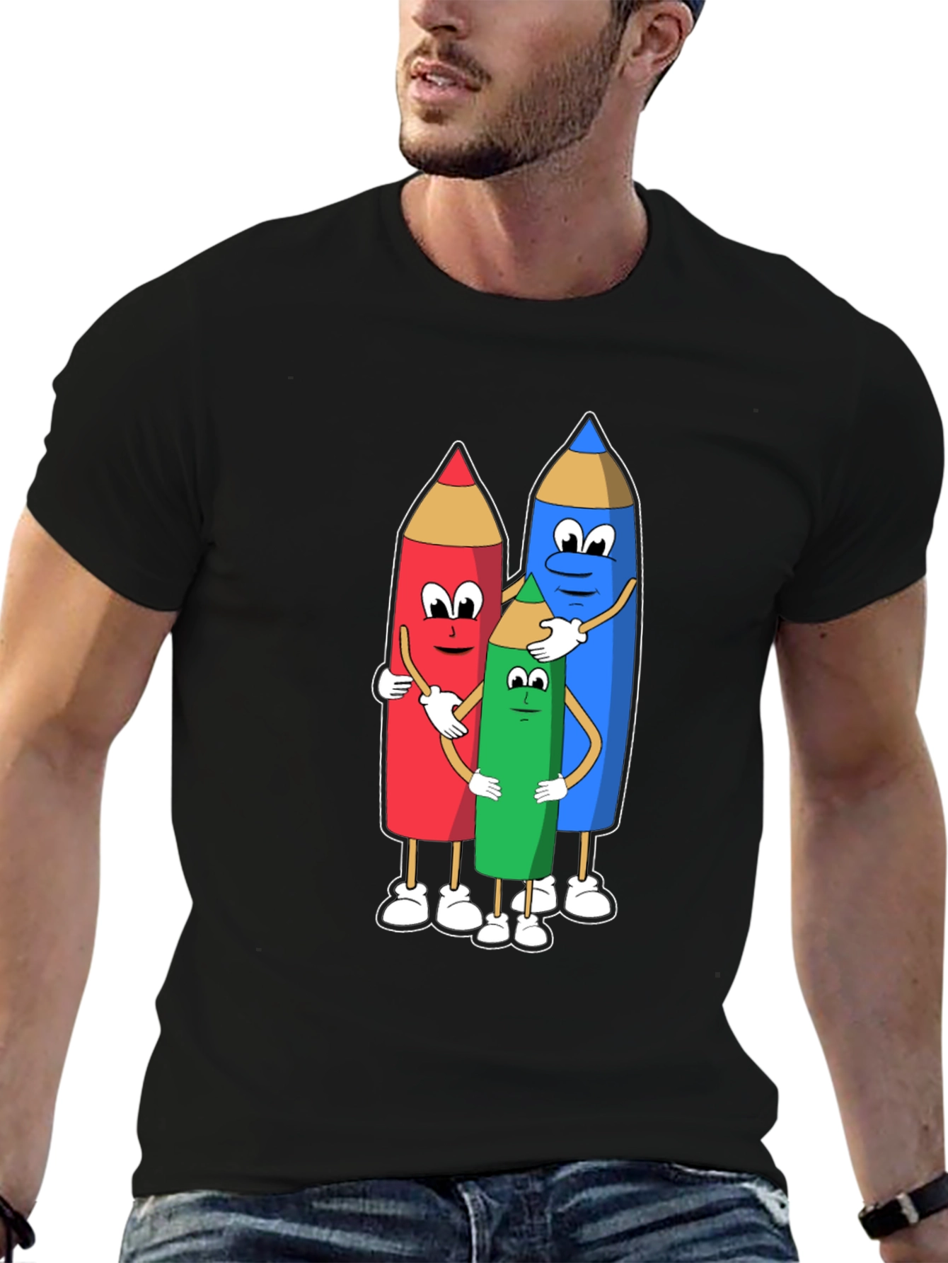 Camiseta Negra con Diseño de Lápices Abrazándose