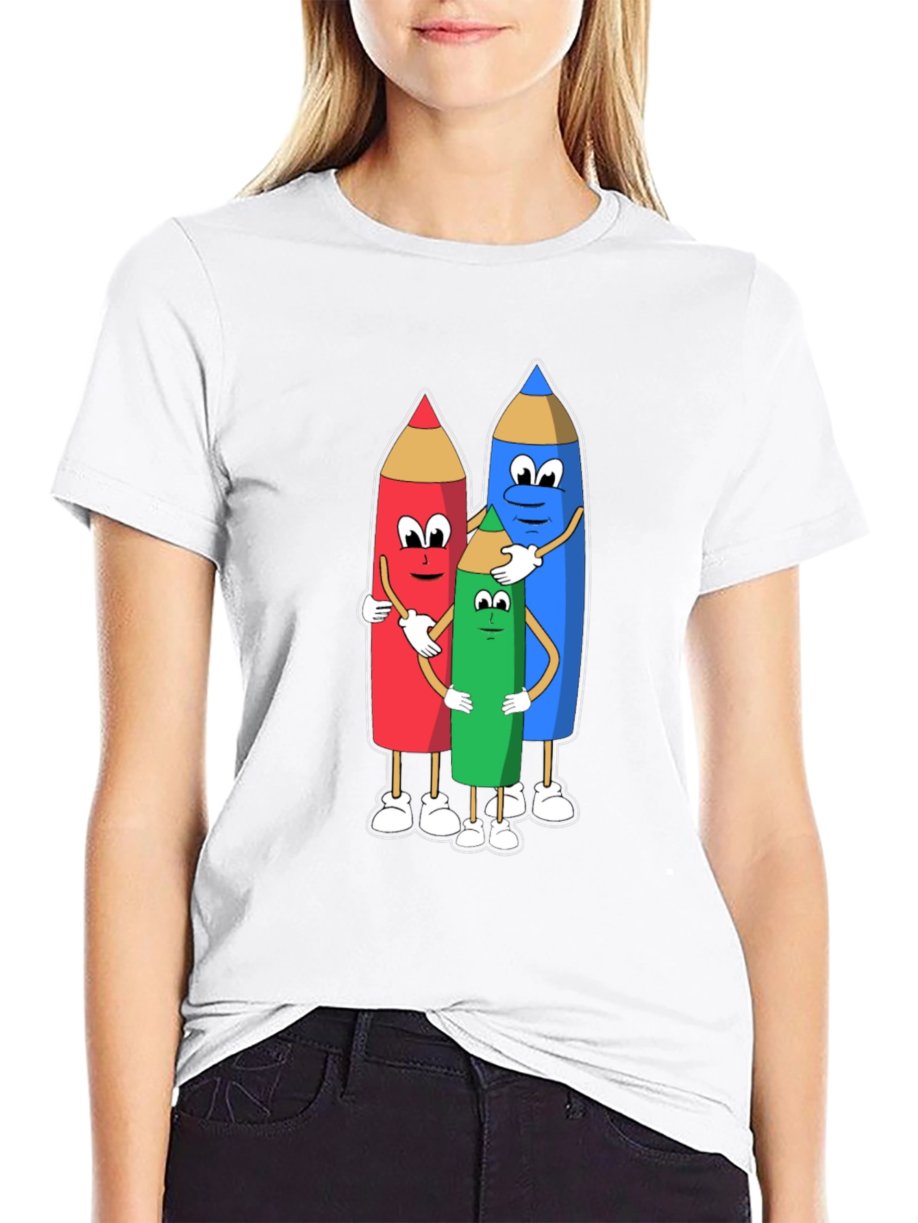 Camiseta Negra con Diseño de Lápices Abrazándose