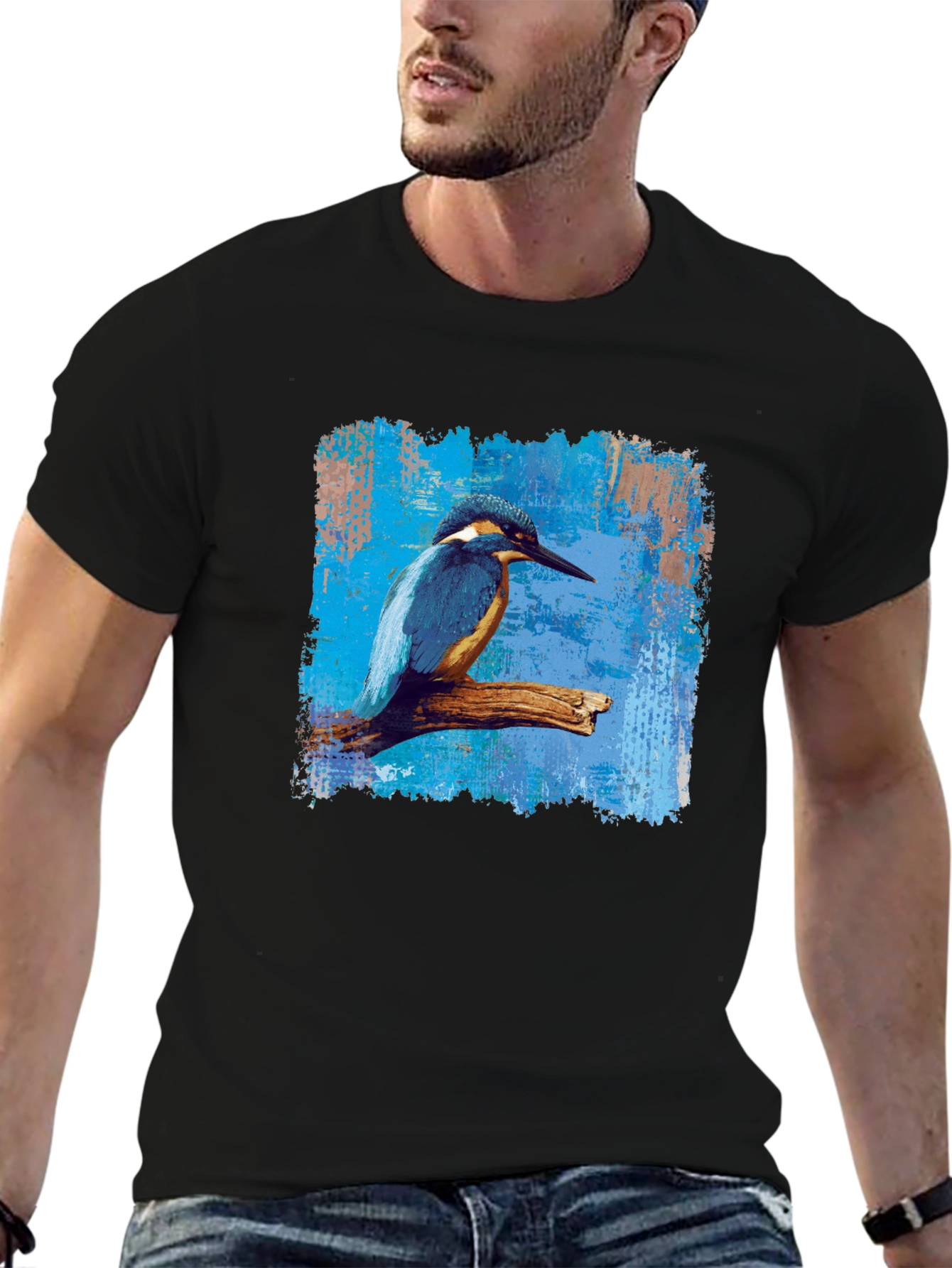 Camiseta Negra con Diseño de Martín Pescador