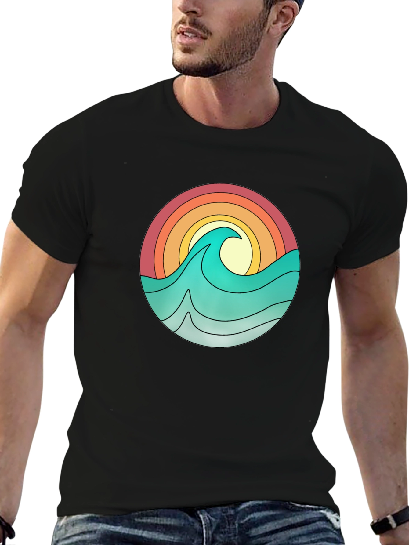 Camiseta Negra con Diseño Olas y Sol