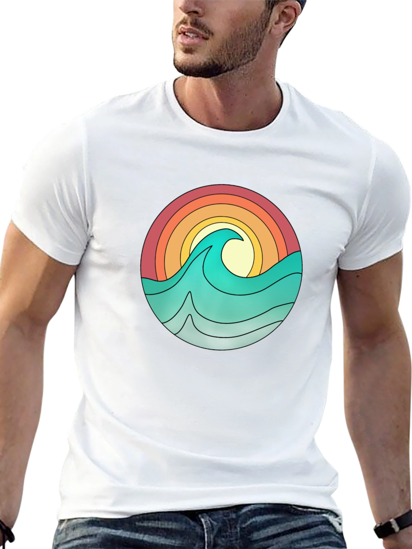 Camiseta Negra con Diseño Olas y Sol