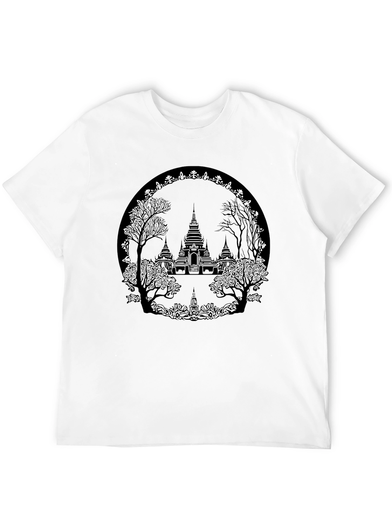 Camiseta Negra con Diseño de Templo Asiático