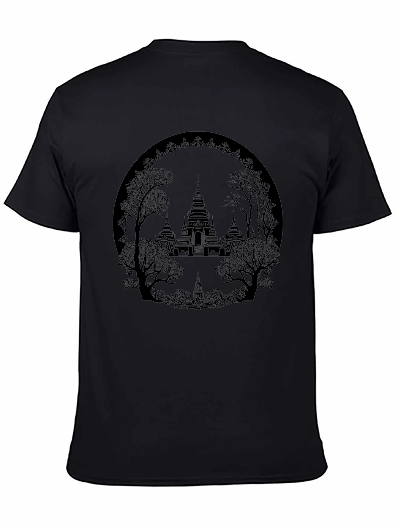 Camiseta Negra con Diseño de Templo Asiático