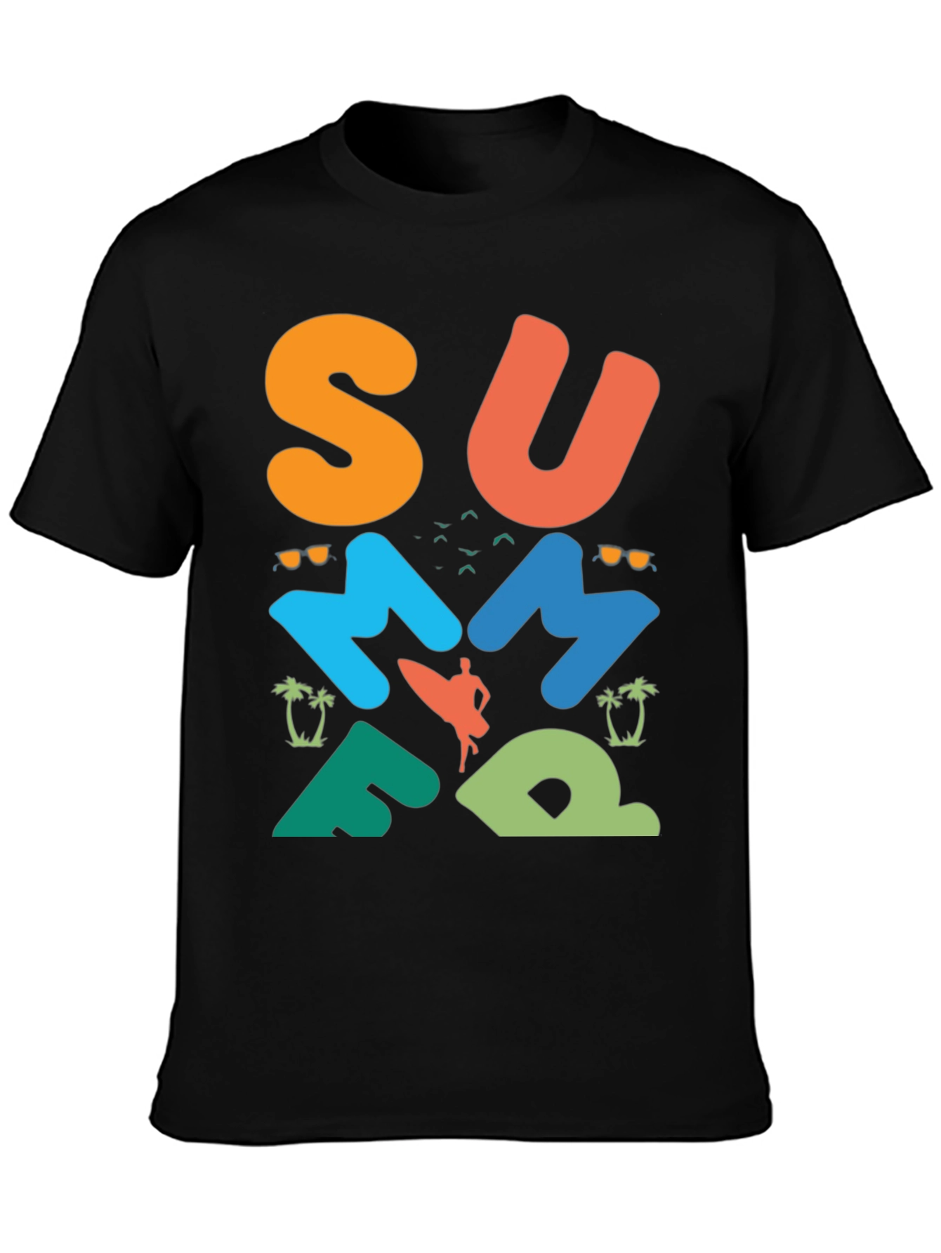 Camiseta negra con diseño veraniego surf