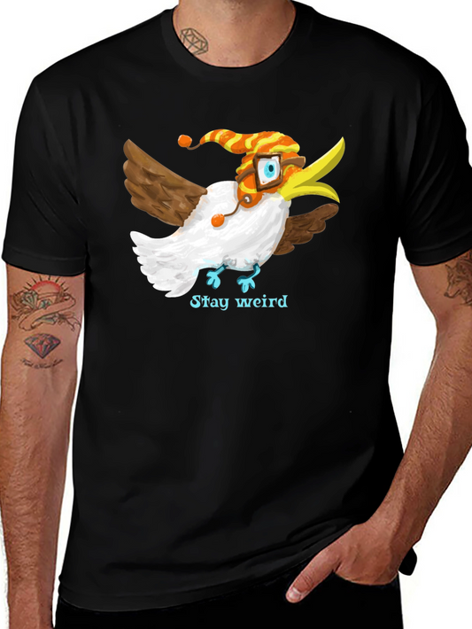 Camiseta Negra con Estampado de Pájaro Divertido