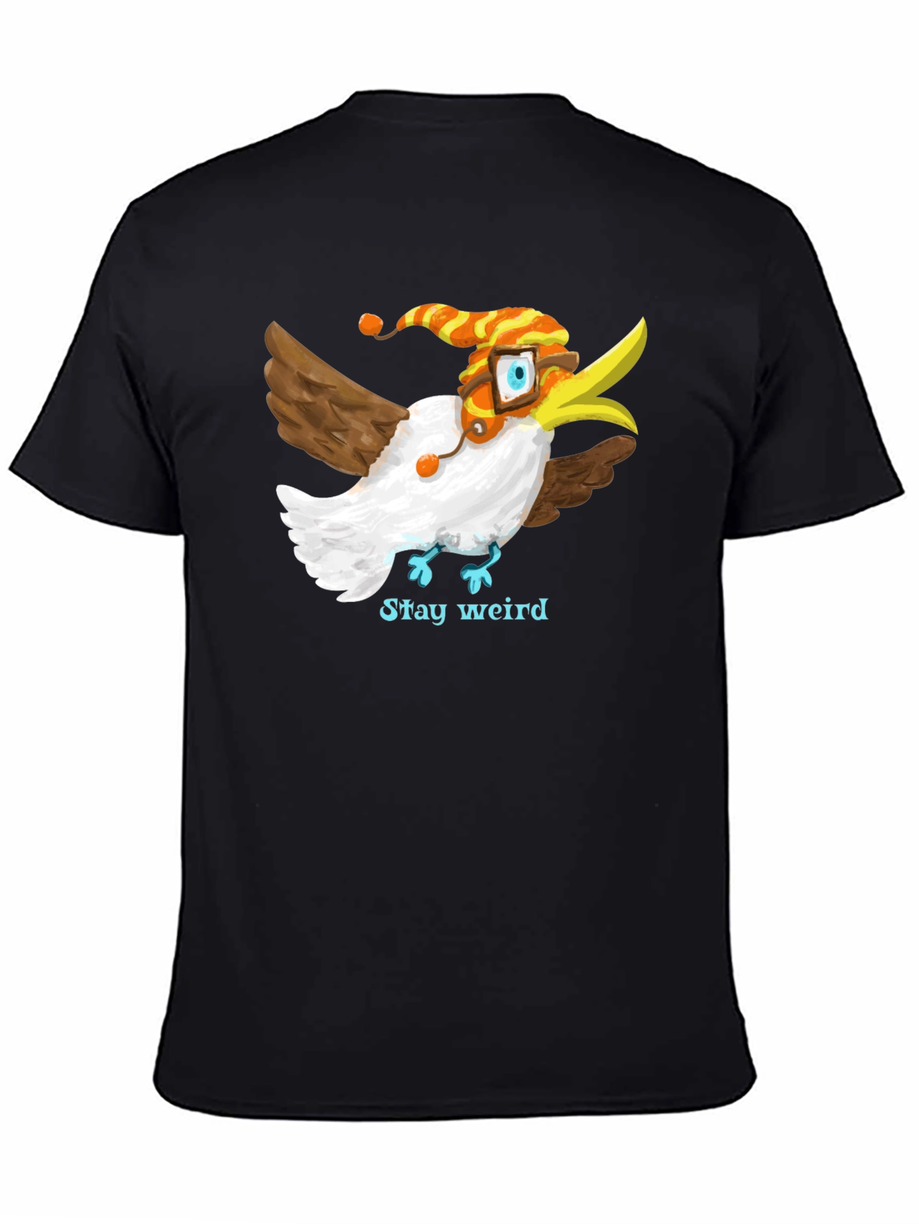 Camiseta Negra con Estampado de Pájaro Divertido
