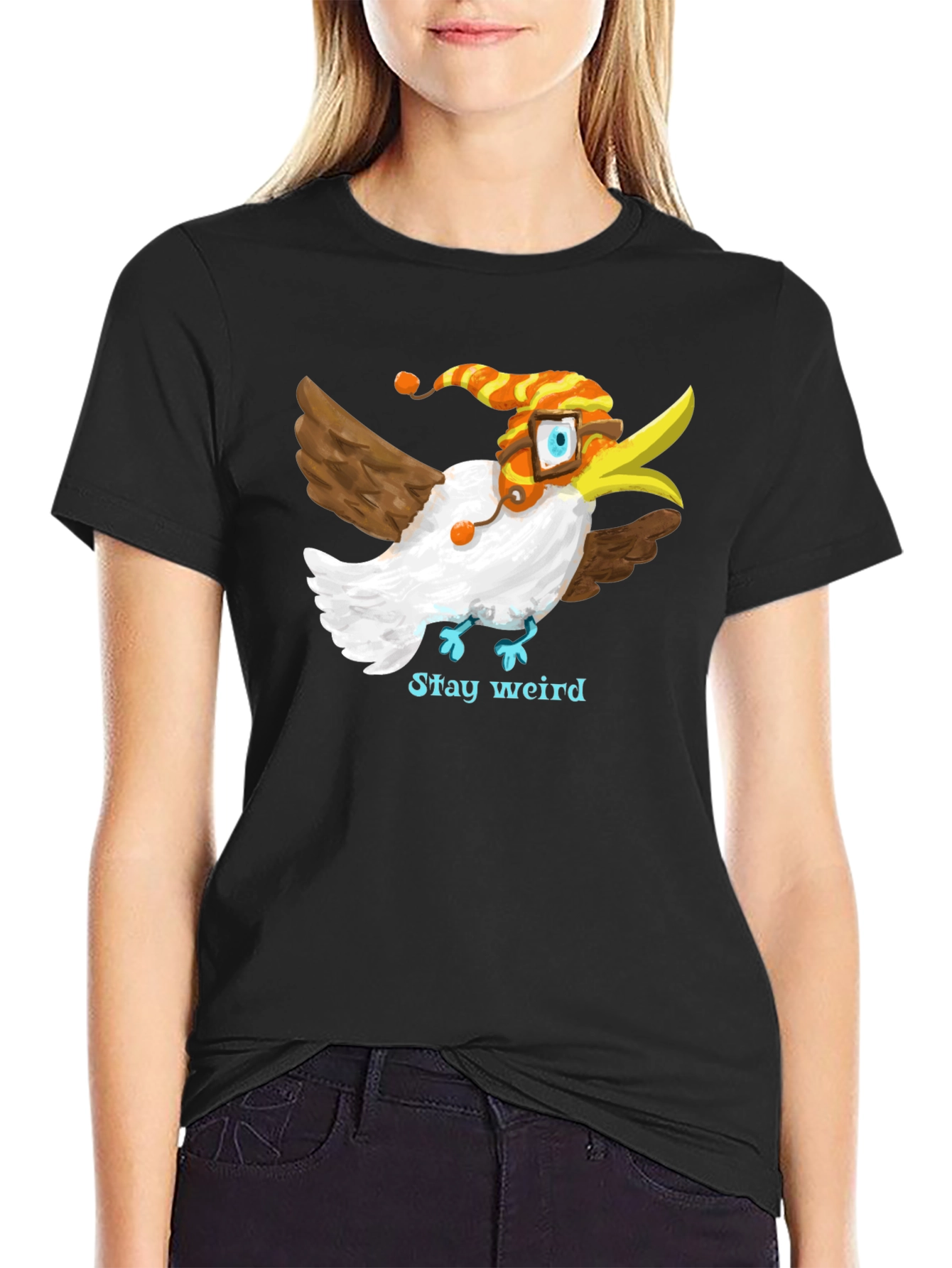 Camiseta Negra con Estampado de Pájaro Divertido
