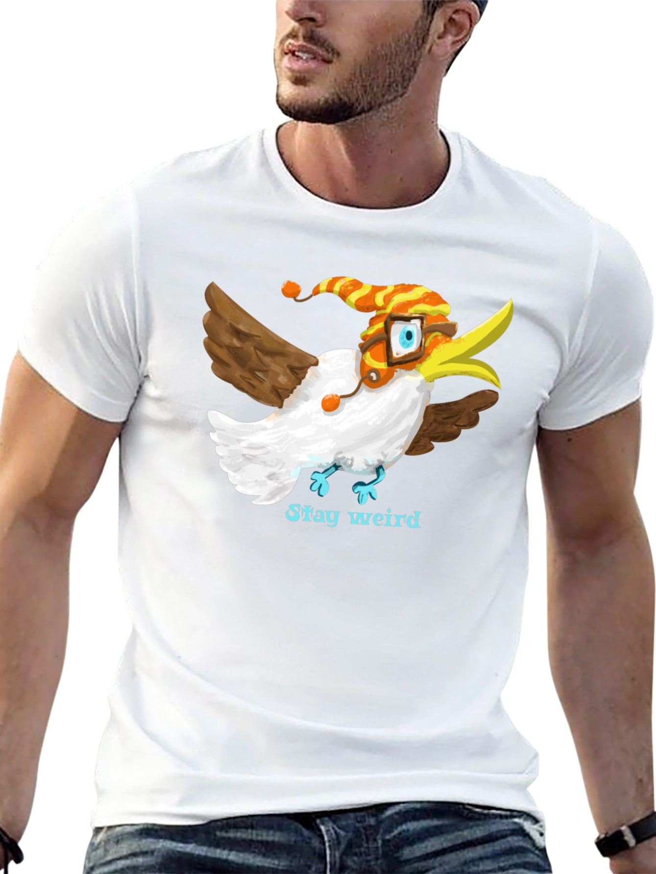 Camiseta Negra con Estampado de Pájaro Divertido