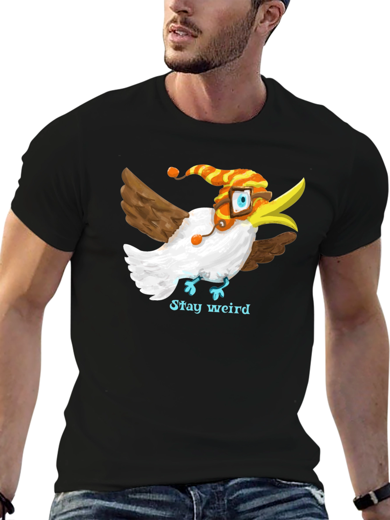 Camiseta Negra con Estampado de Pájaro Divertido
