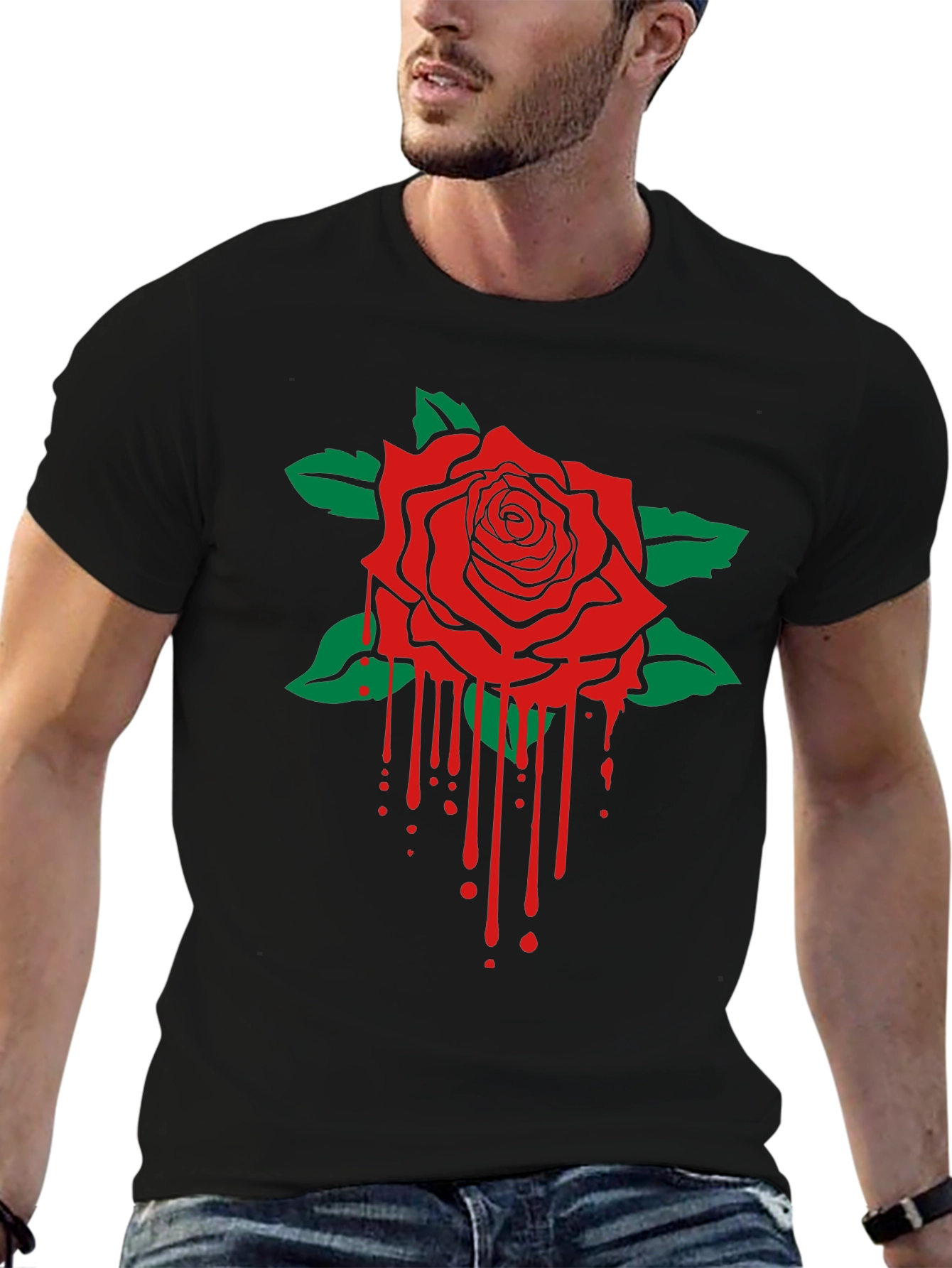 Camiseta Negra con Rosa Roja