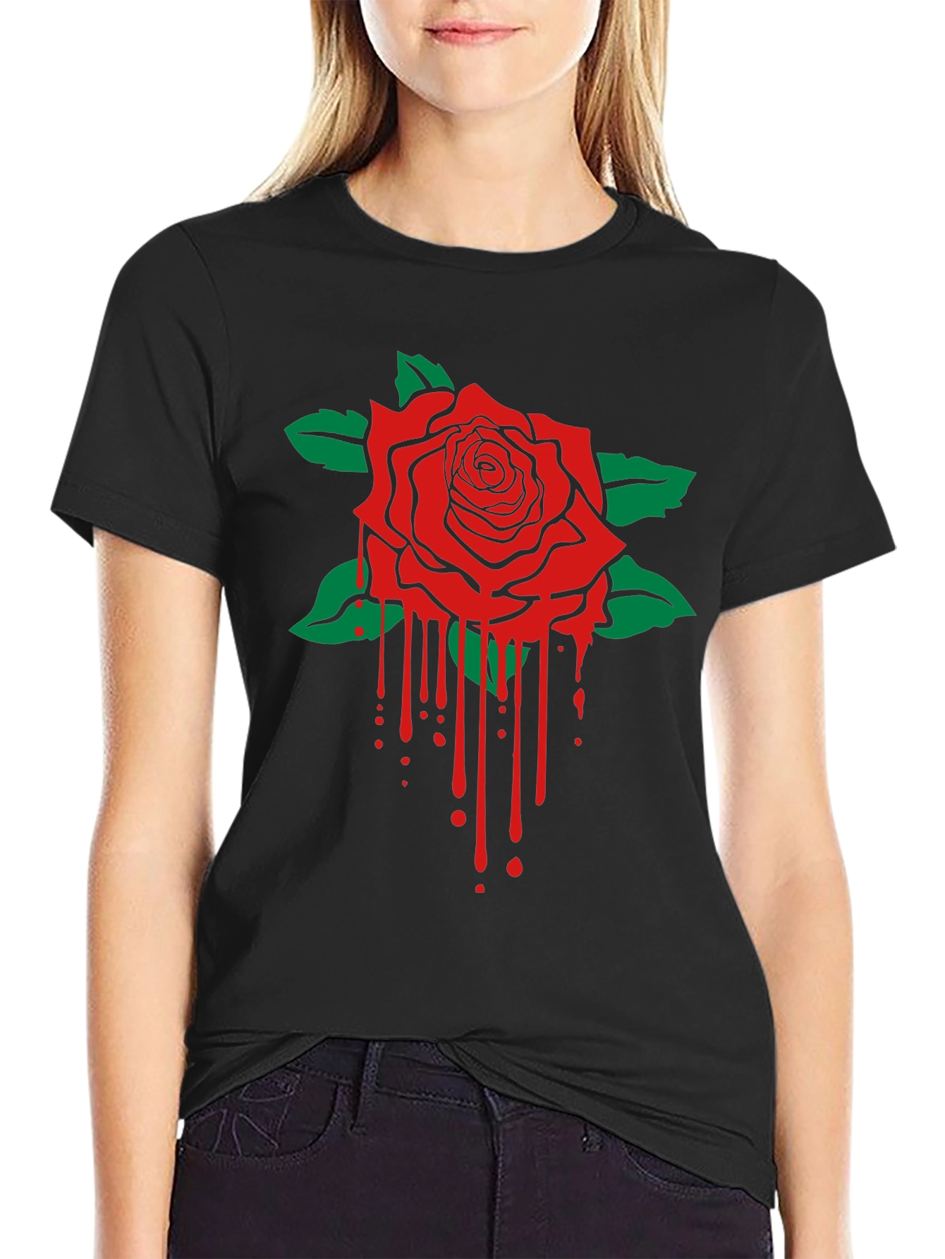 Camiseta Negra con Rosa Roja