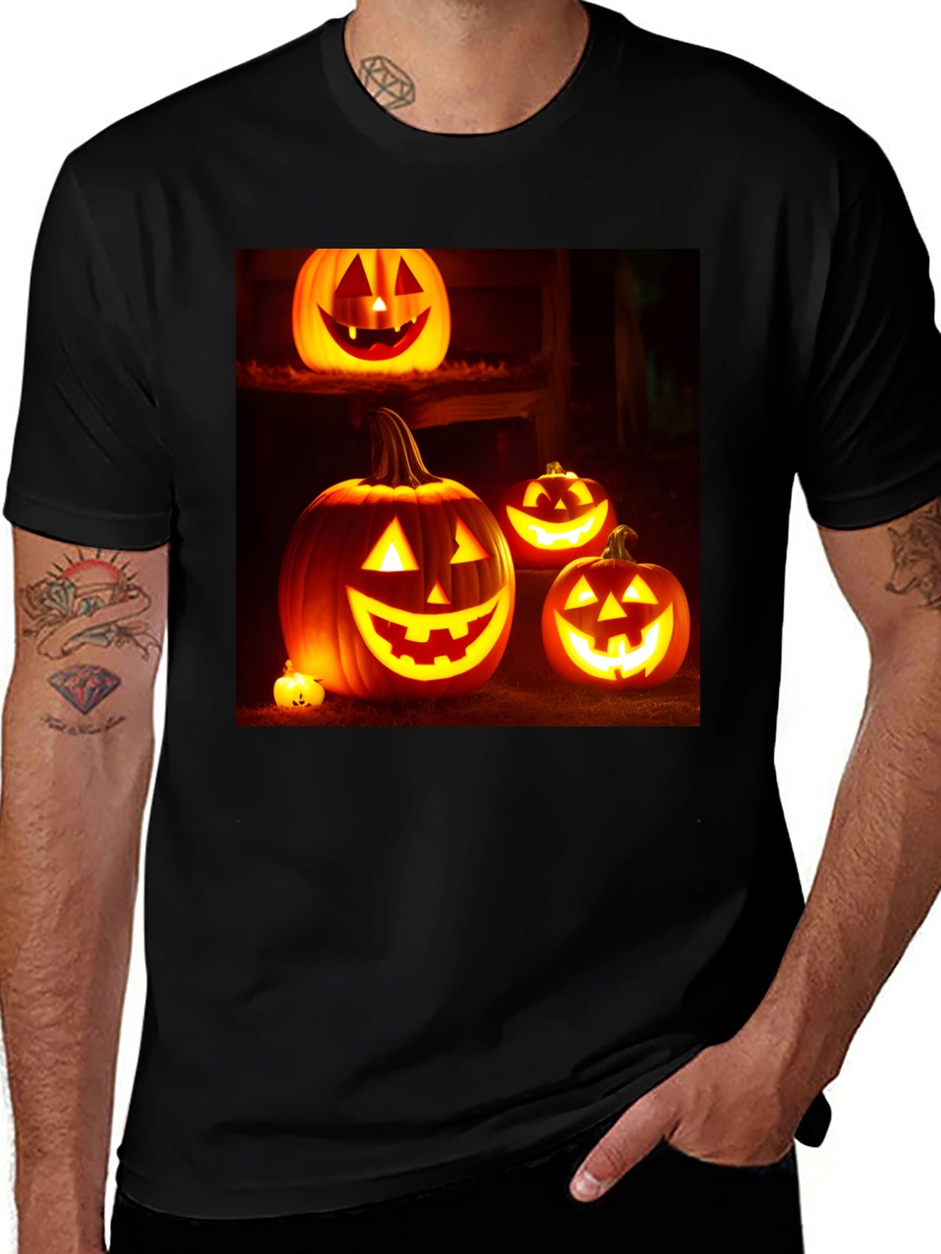 Camiseta Negra con Diseño de Calabazas Halloween