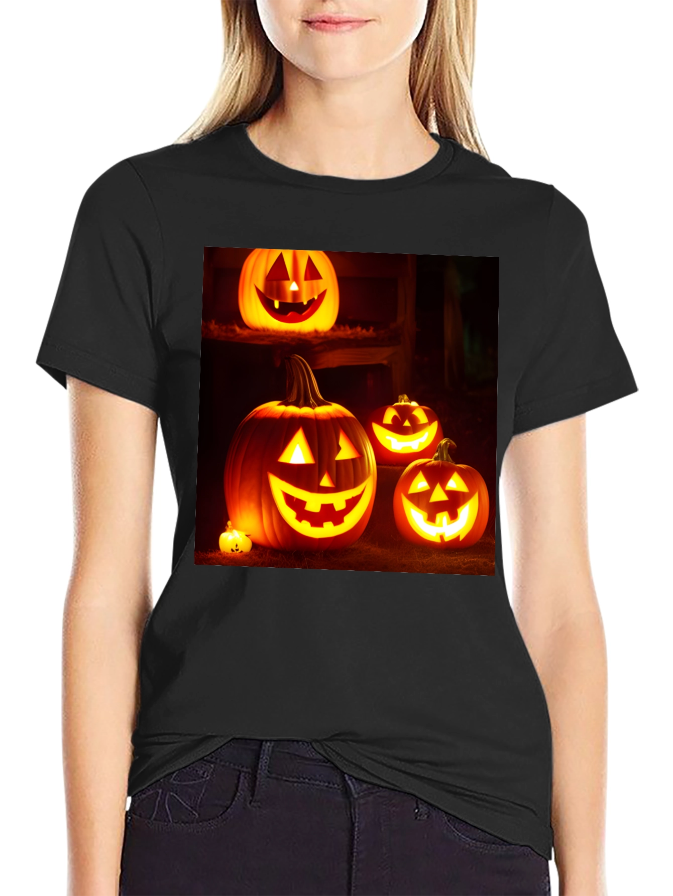 Camiseta Negra con Diseño de Calabazas Halloween
