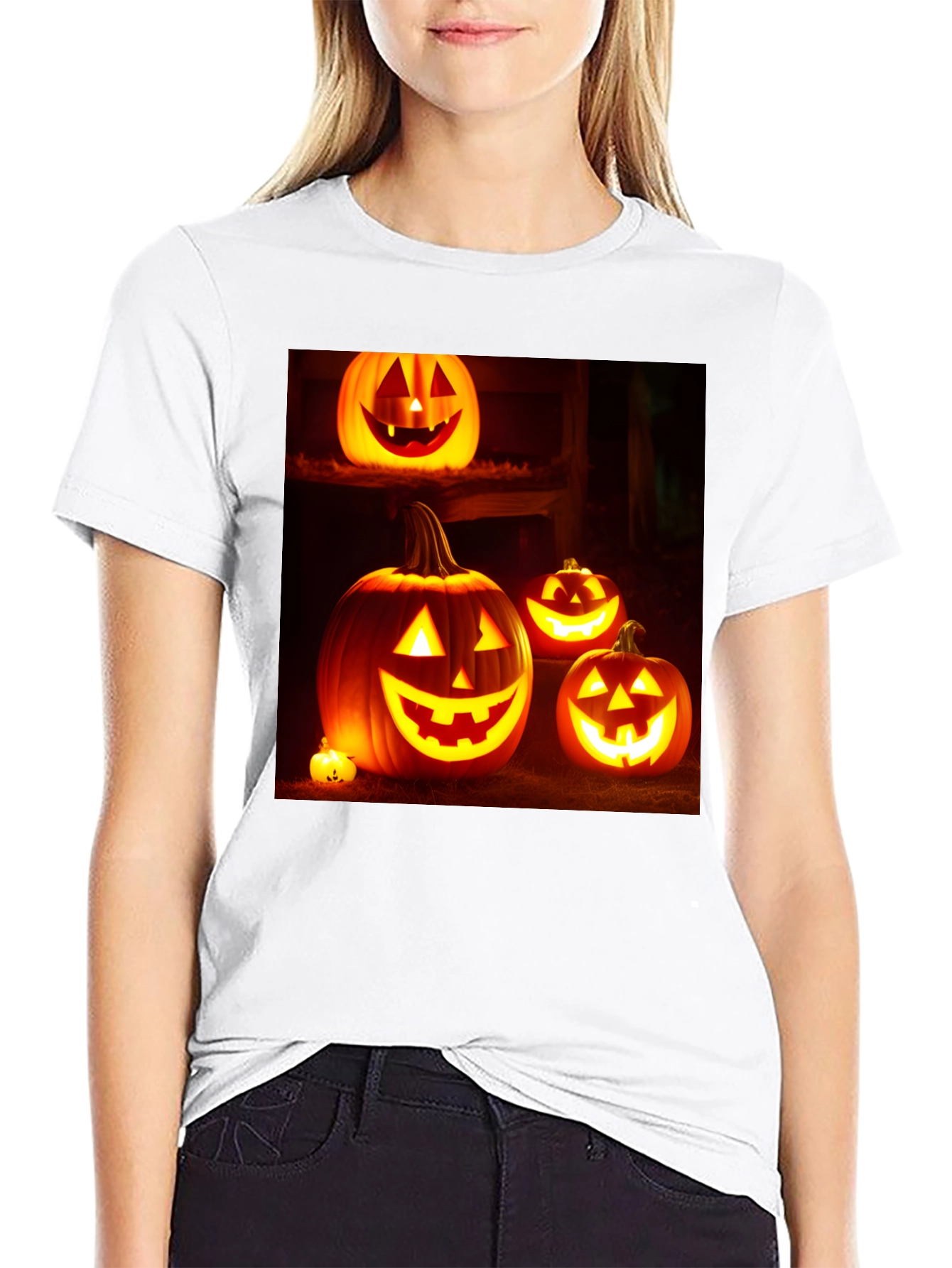 Camiseta Negra con Diseño de Calabazas Halloween