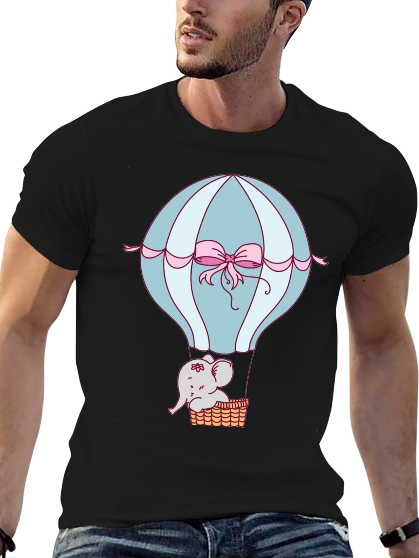 Camiseta Negra con Diseño de Globo y Elefante