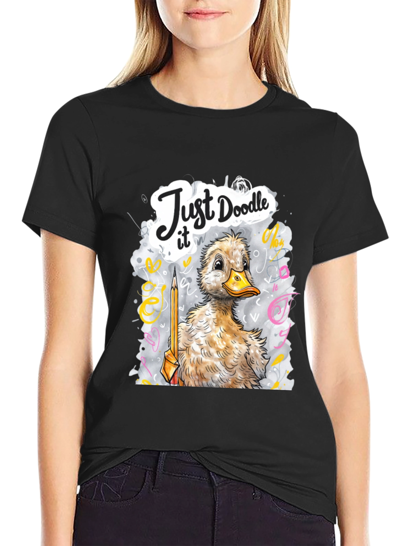Camiseta Negra con Dibujo de Pato Doodle