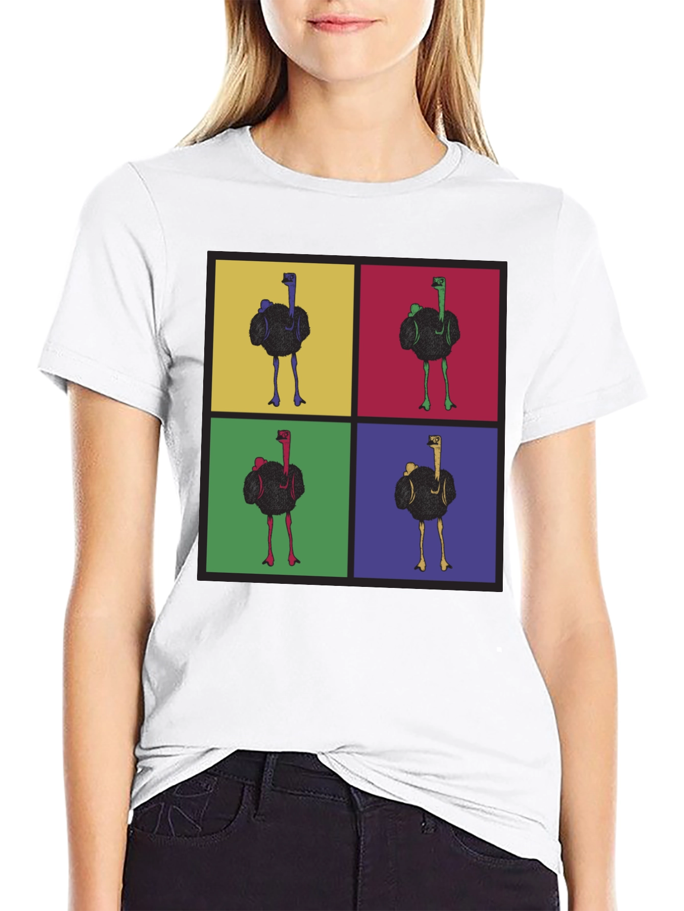 Camiseta Negra con Diseño Pop Art de Avestruces