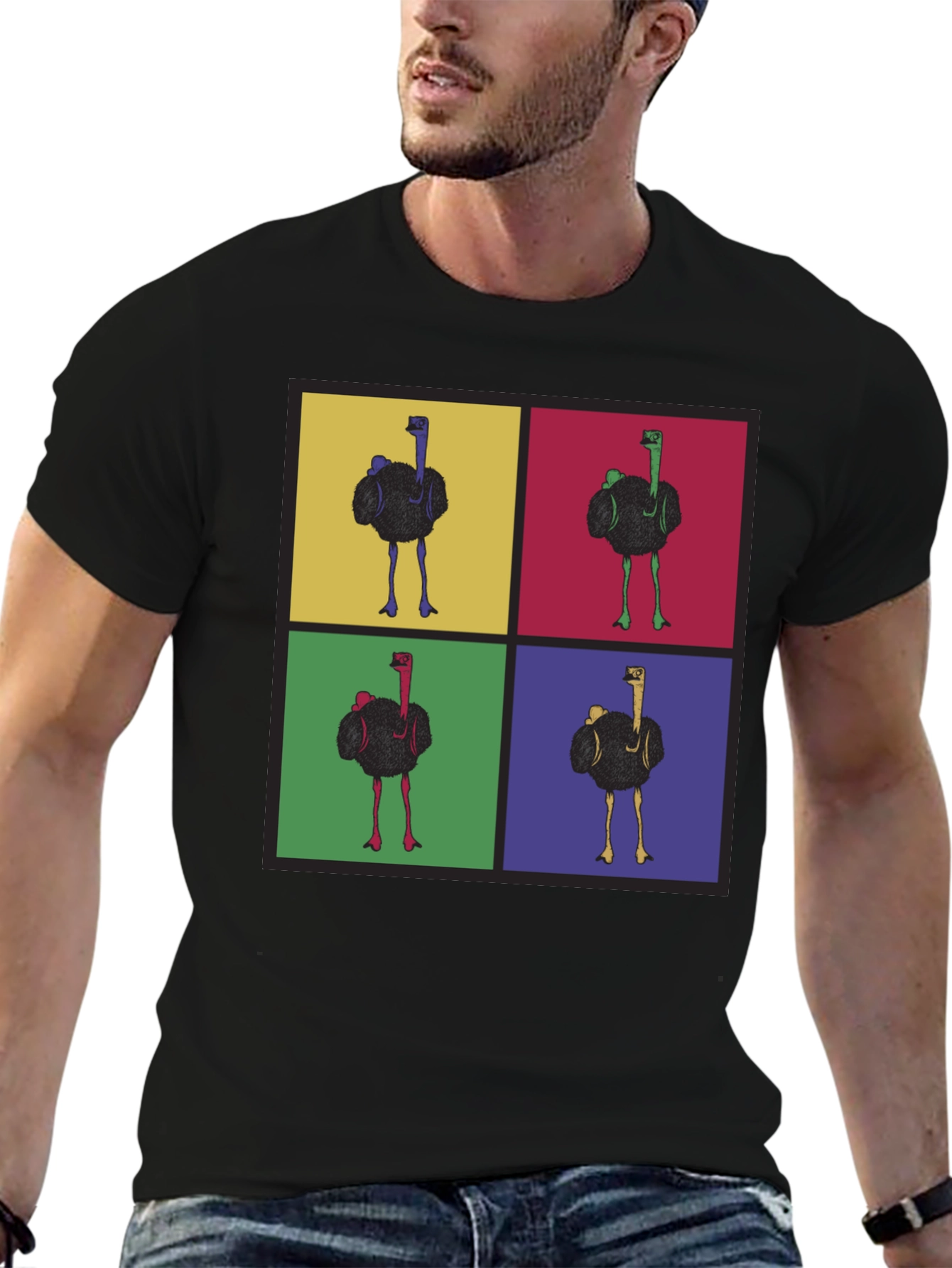 Camiseta Negra con Diseño Pop Art de Avestruces
