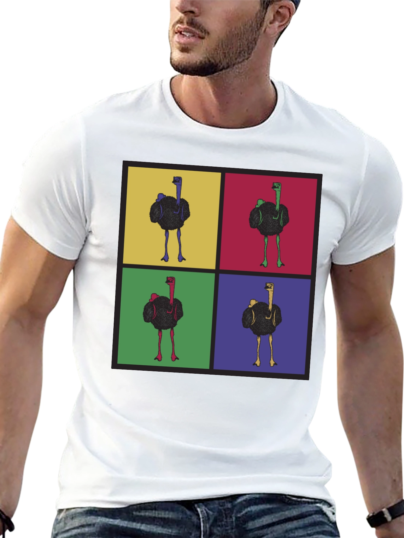 Camiseta Negra con Diseño Pop Art de Avestruces