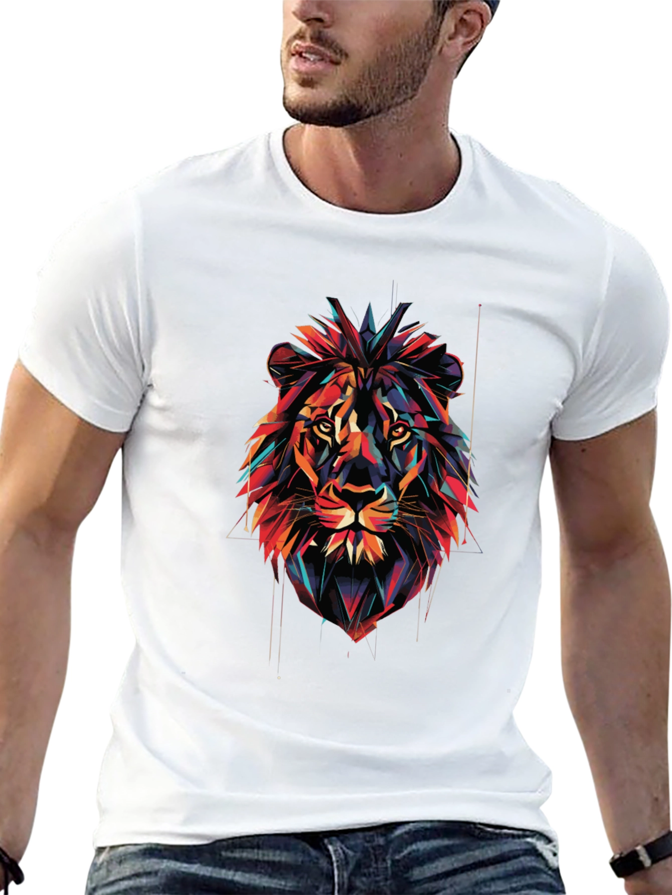 Camiseta Negra con Diseño de León Abstracto