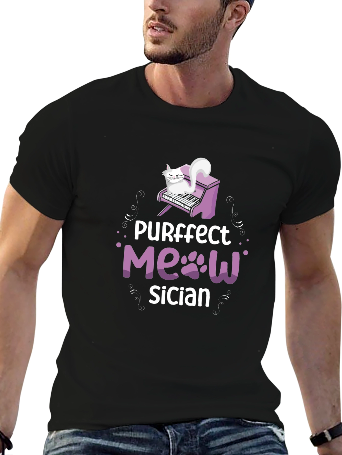 Camiseta Negra Purrfect Meowsician para Amantes de los Gatos