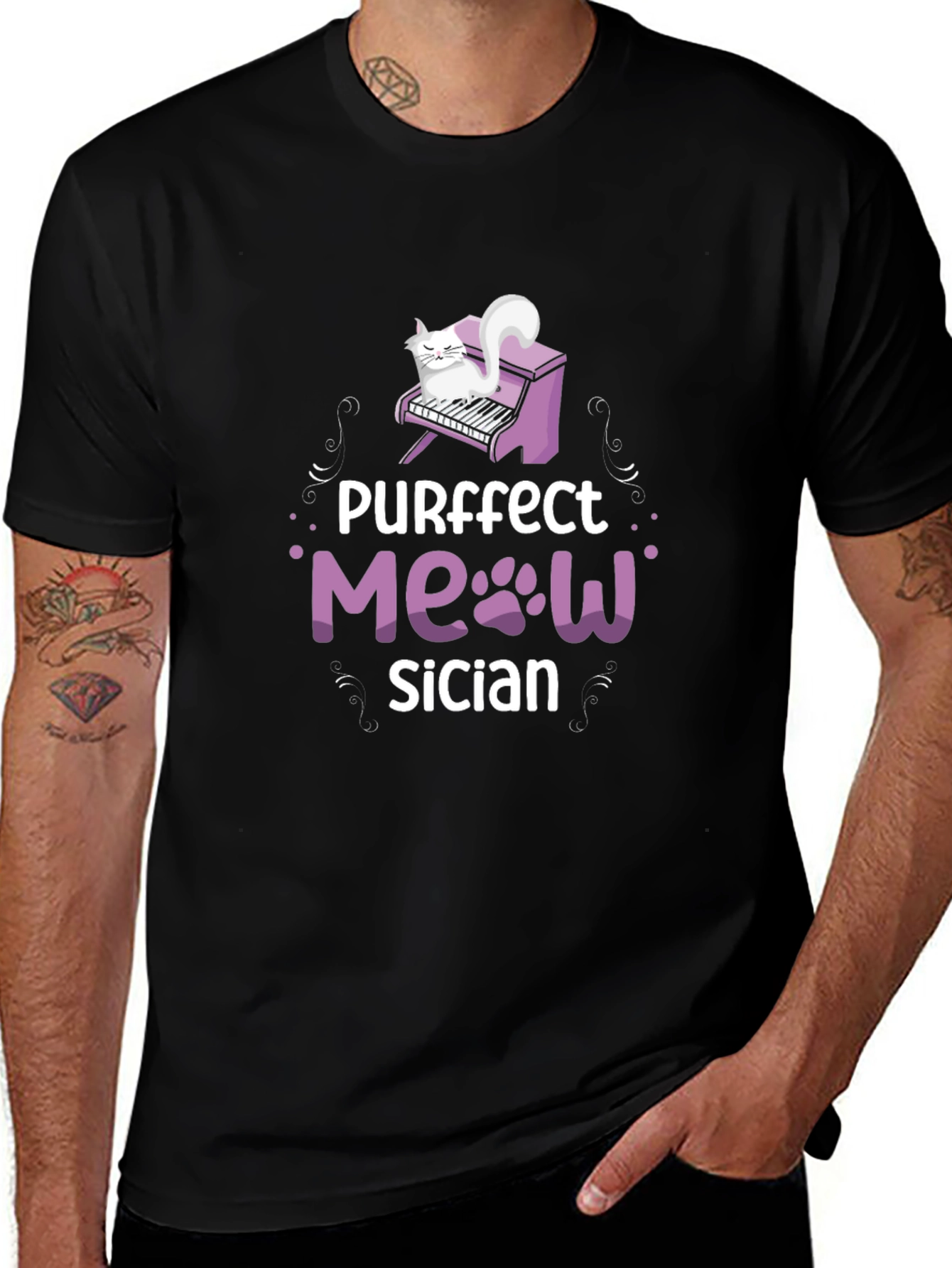 Camiseta Negra Purrfect Meowsician para Amantes de los Gatos