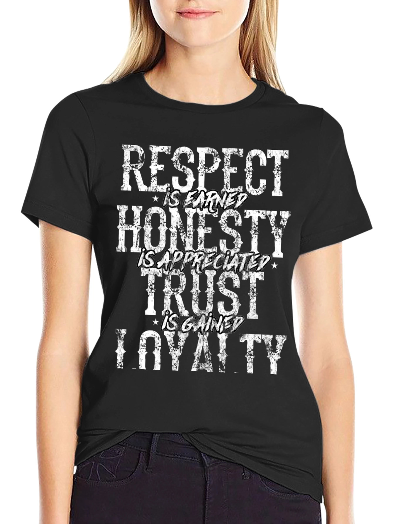 Camiseta Negra: Respeto Honradez Confianza Lealtad