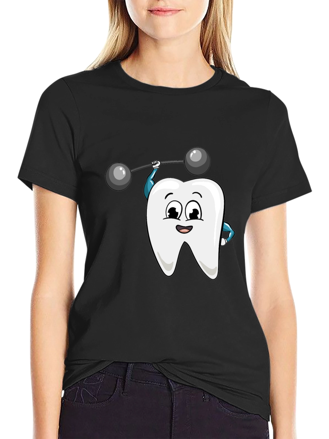 Camiseta Negra con Diseño de Diente Levantando Pesas