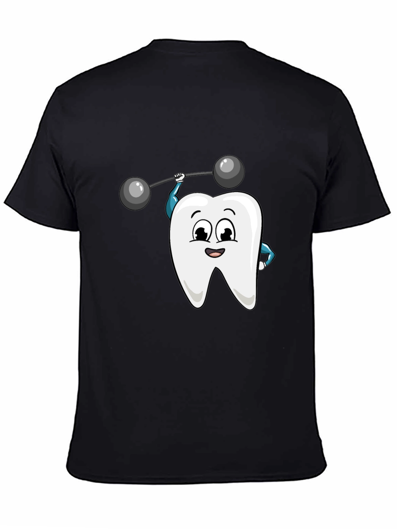 Camiseta Negra con Diseño de Diente Levantando Pesas