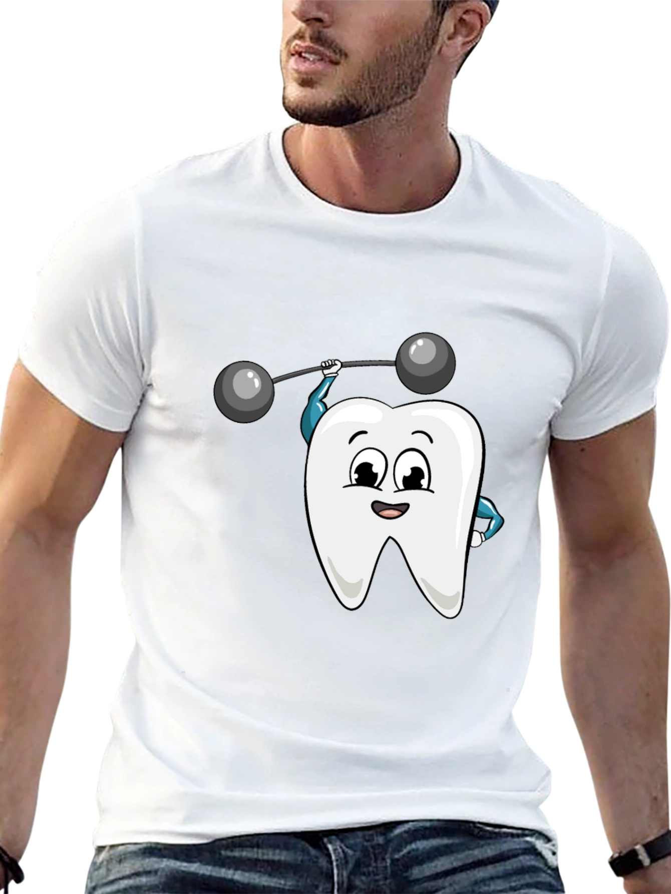 Camiseta Negra con Diseño de Diente Levantando Pesas