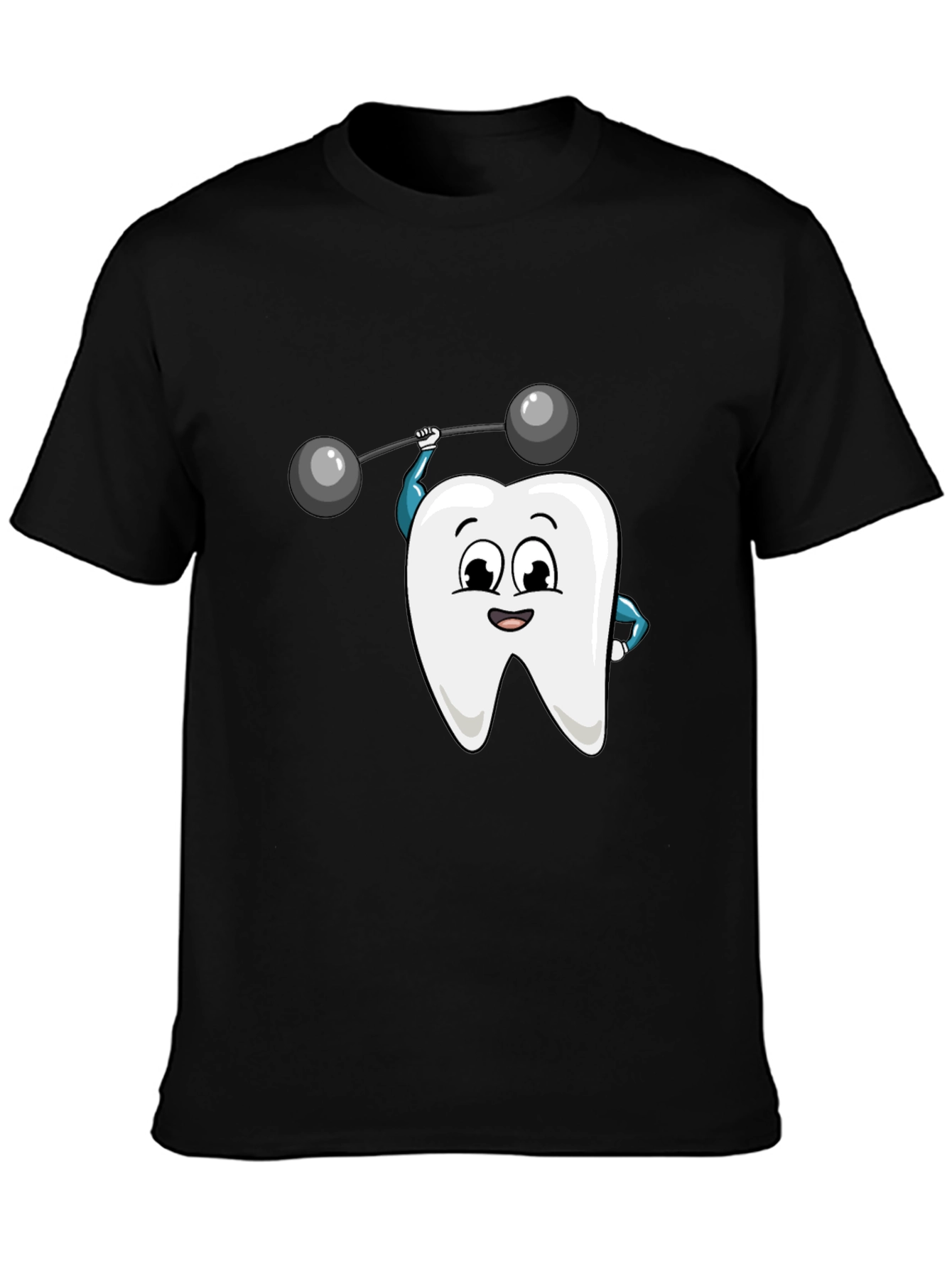 Camiseta Negra con Diseño de Diente Levantando Pesas