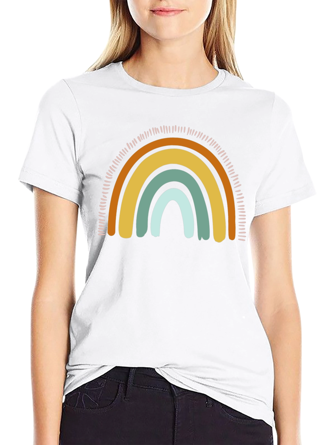 Camiseta Negra con Diseño de Arcoíris Boho