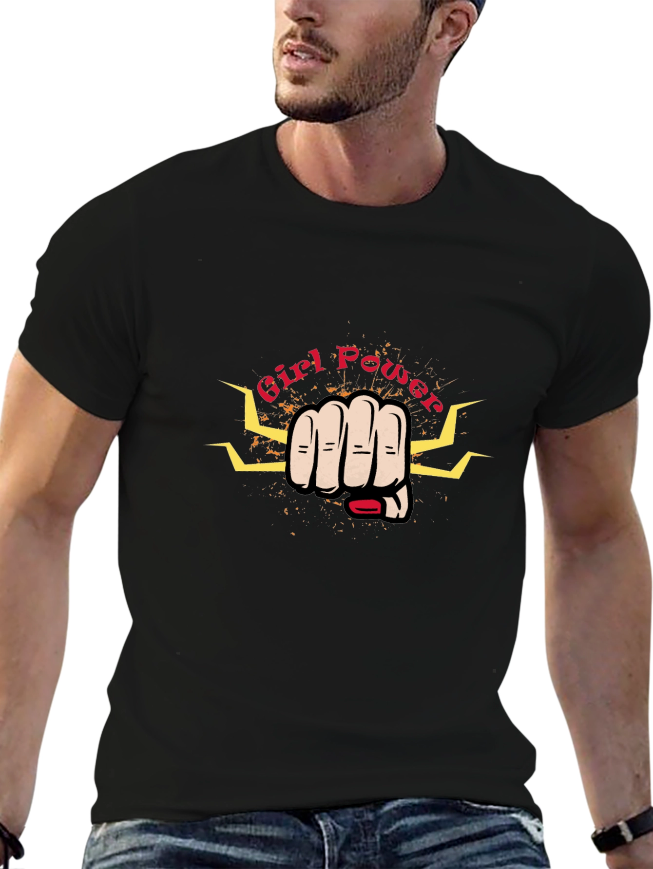 Camiseta Negra Girl Power con Puño y Rayos