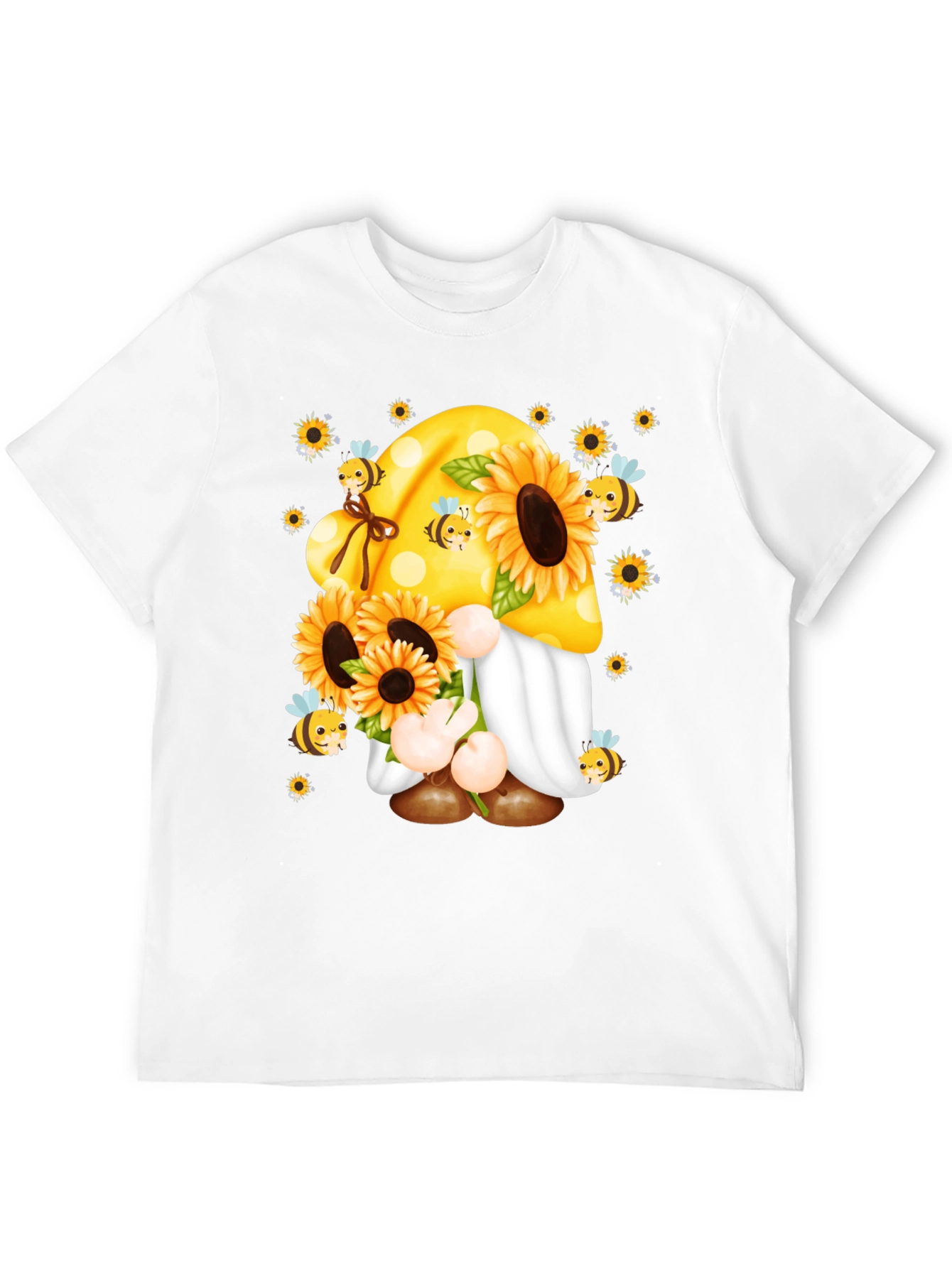 Camiseta Negra con Diseño de Gnomo y Girasoles