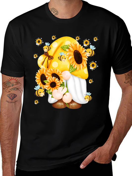 Camiseta Negra con Diseño de Gnomo y Girasoles