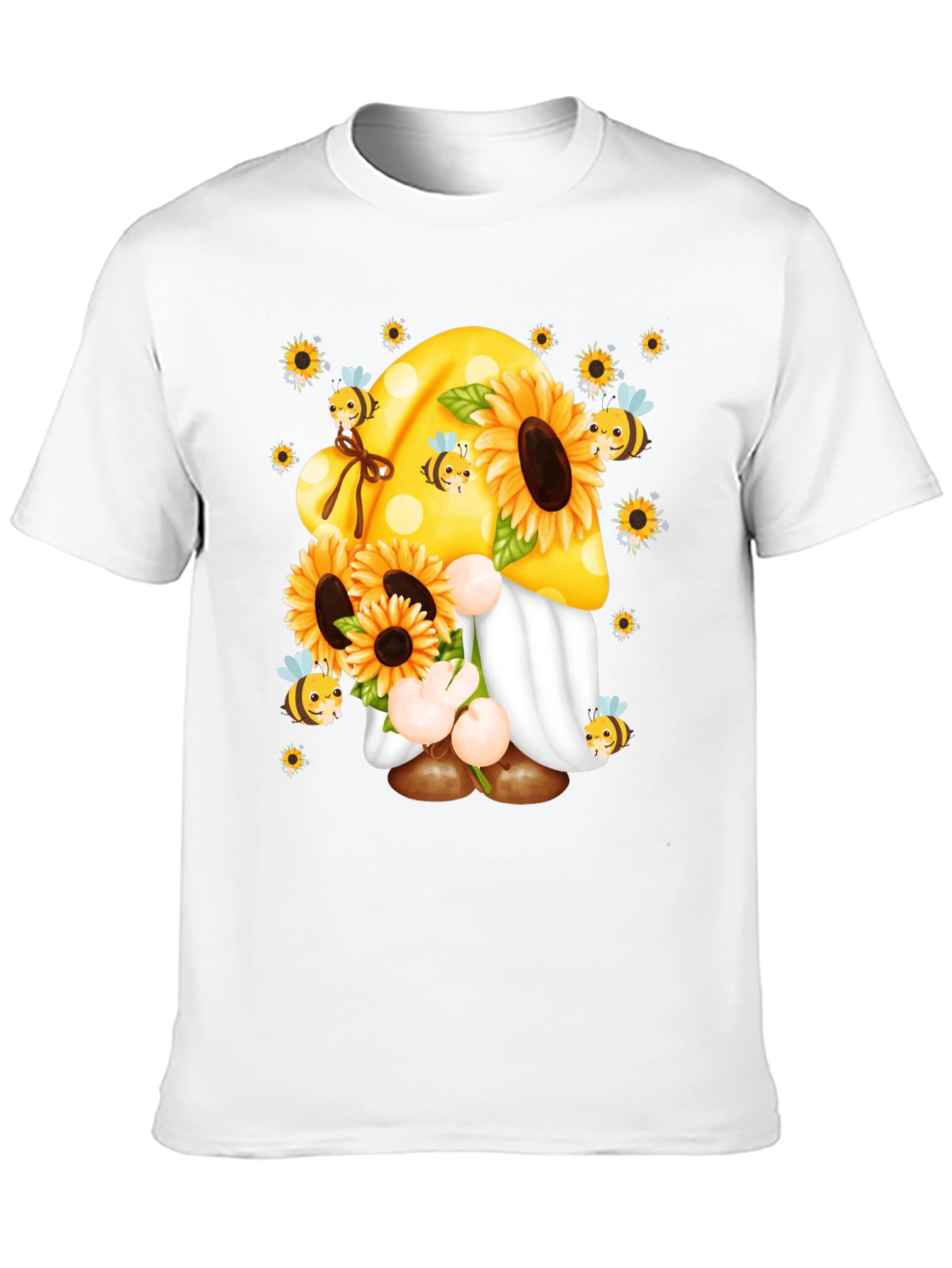 Camiseta Negra con Diseño de Gnomo y Girasoles