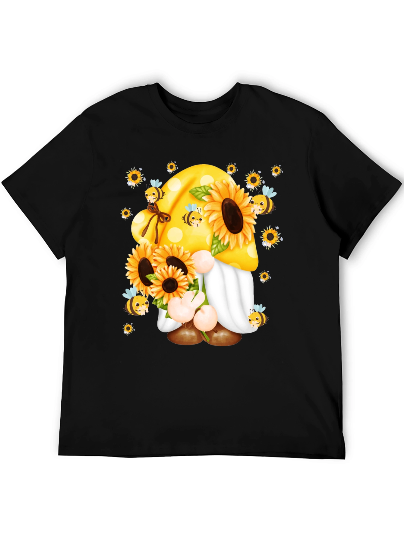 Camiseta Negra con Diseño de Gnomo y Girasoles