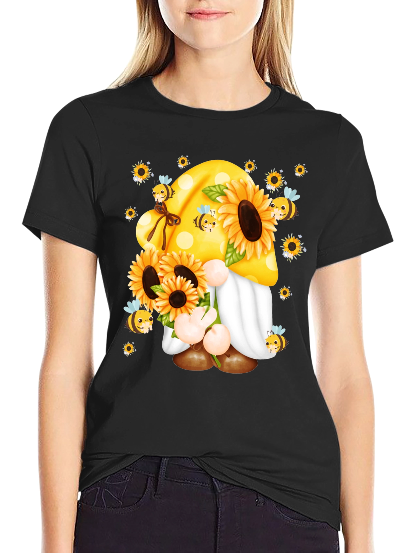 Camiseta Negra con Diseño de Gnomo y Girasoles