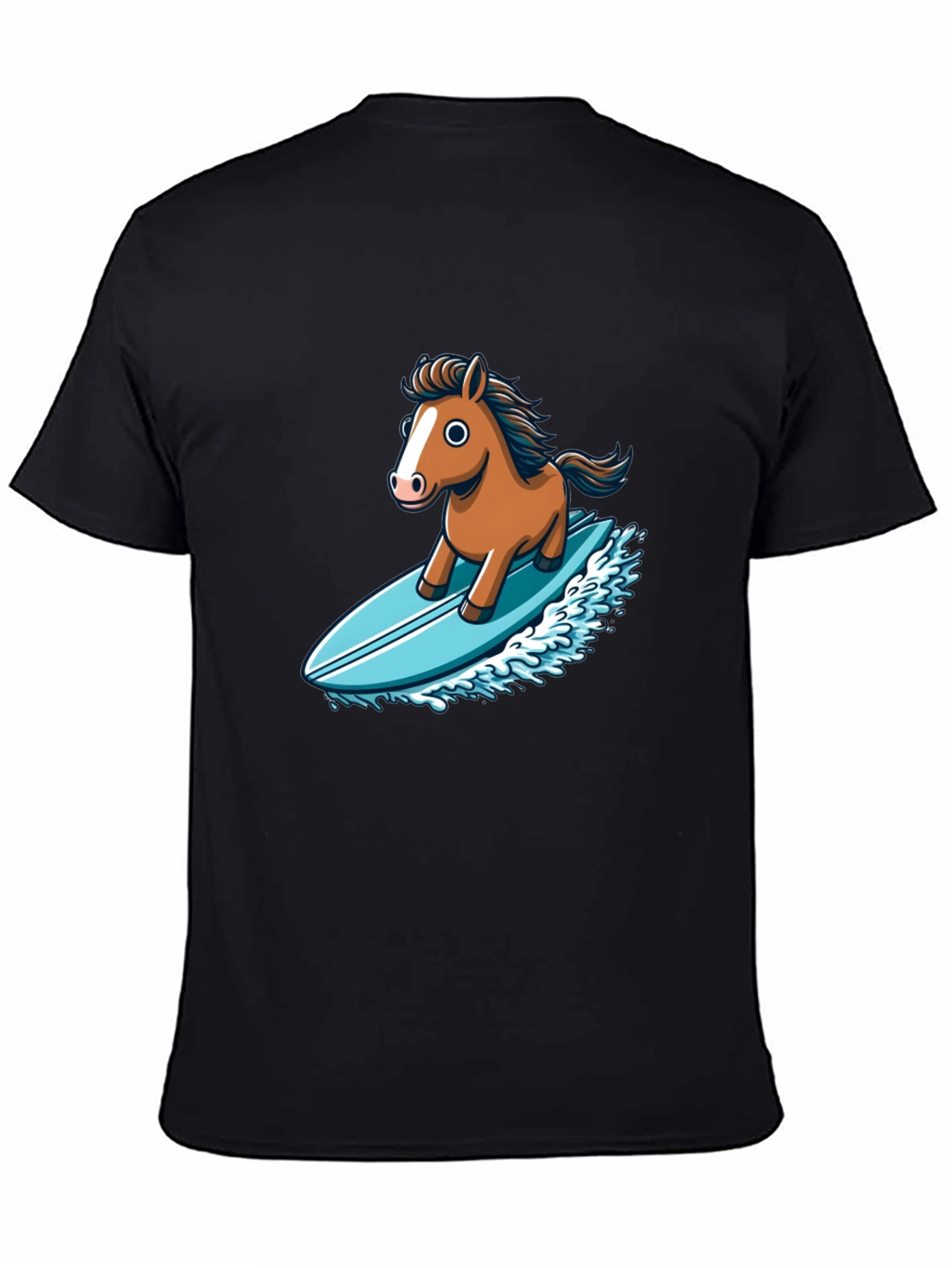 Camiseta Negra con Diseño Divertido de Caballo Surfista