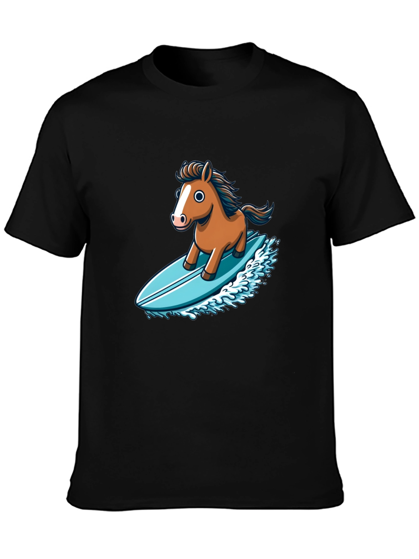 Camiseta Negra con Diseño Divertido de Caballo Surfista
