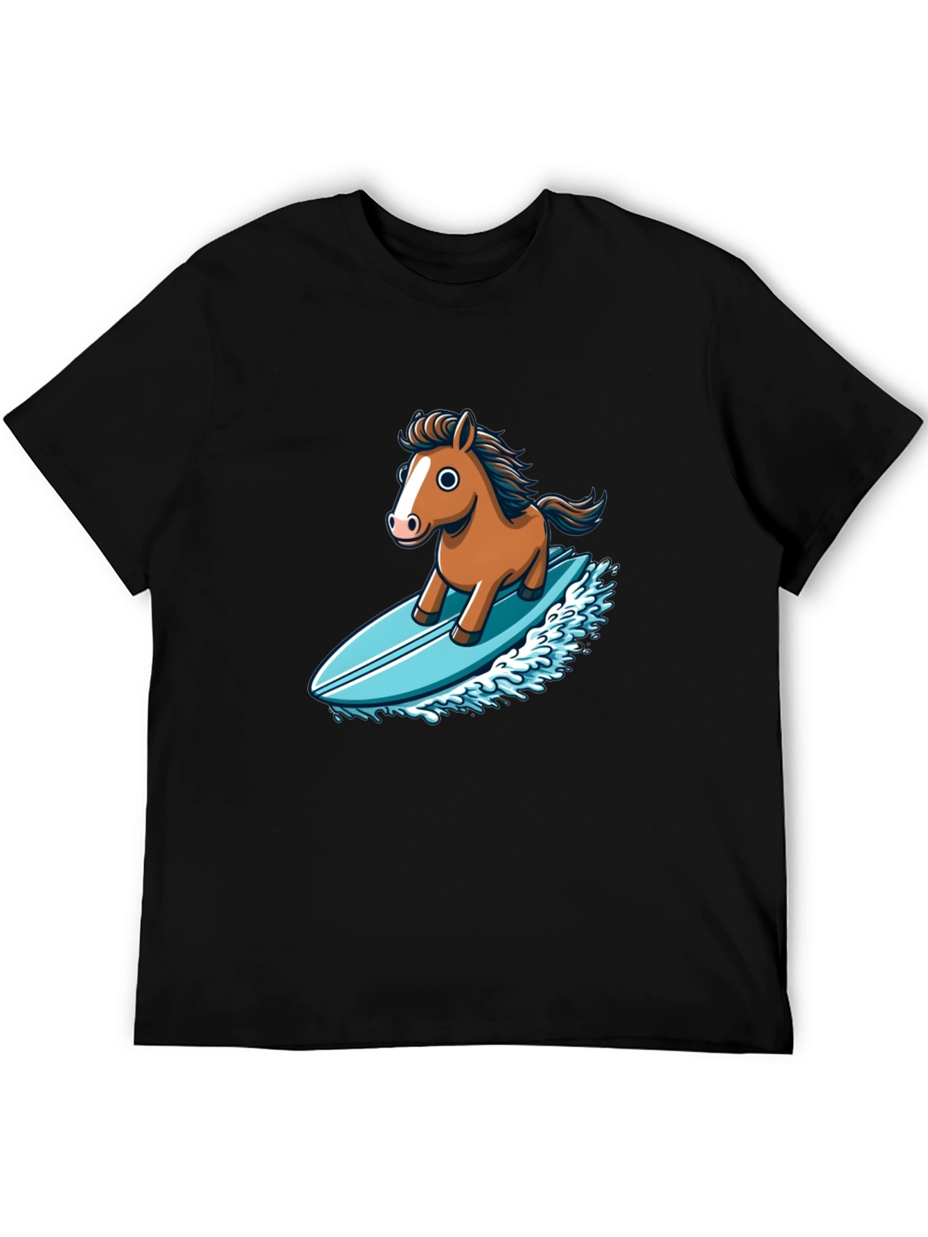Camiseta Negra con Diseño Divertido de Caballo Surfista